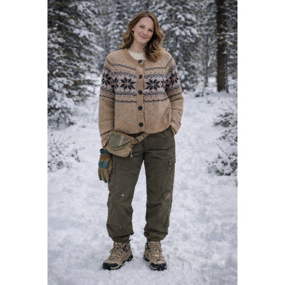 Old Navy Sweaters - Gorpcore Cozy Chunky Outdoors Tan Pink Black Fair Isle Snowflake S Sweater NWT